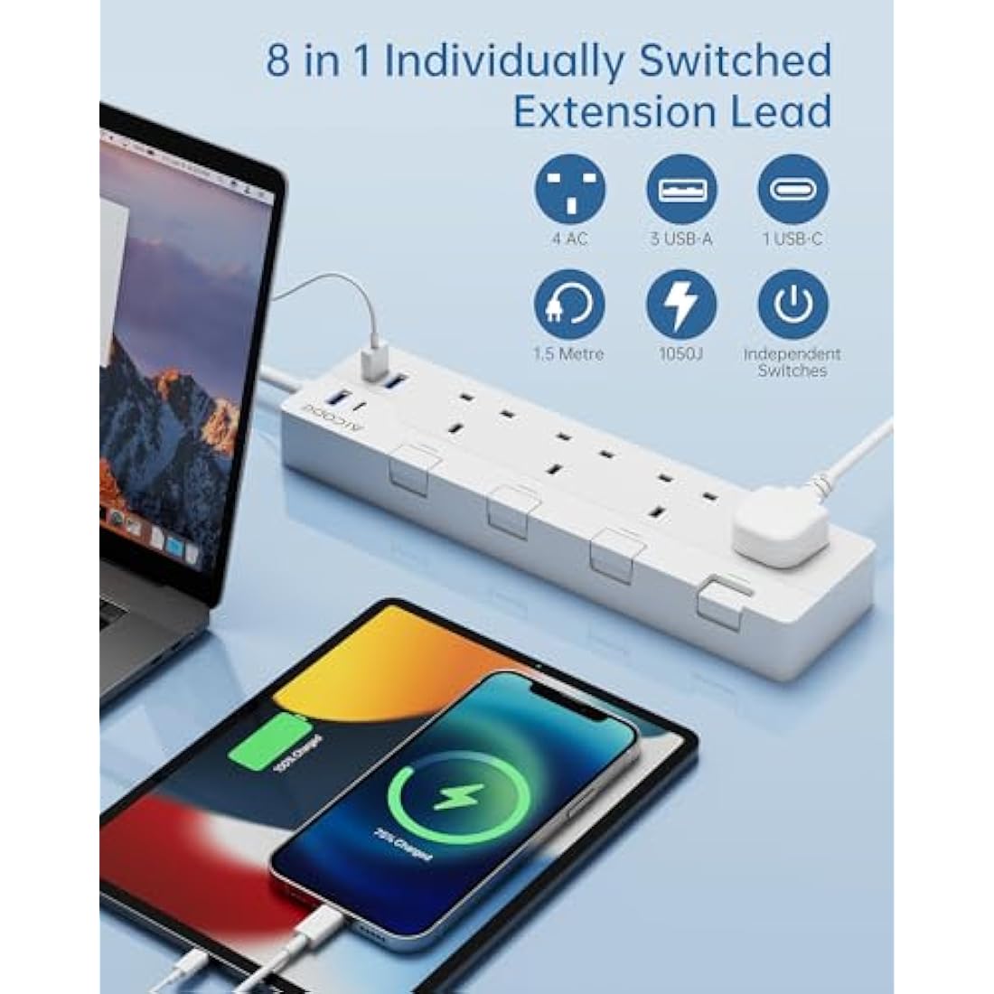 AICODE 4-Way Extension Lead with USB-C | 1.5M Surge Protected Power Strip