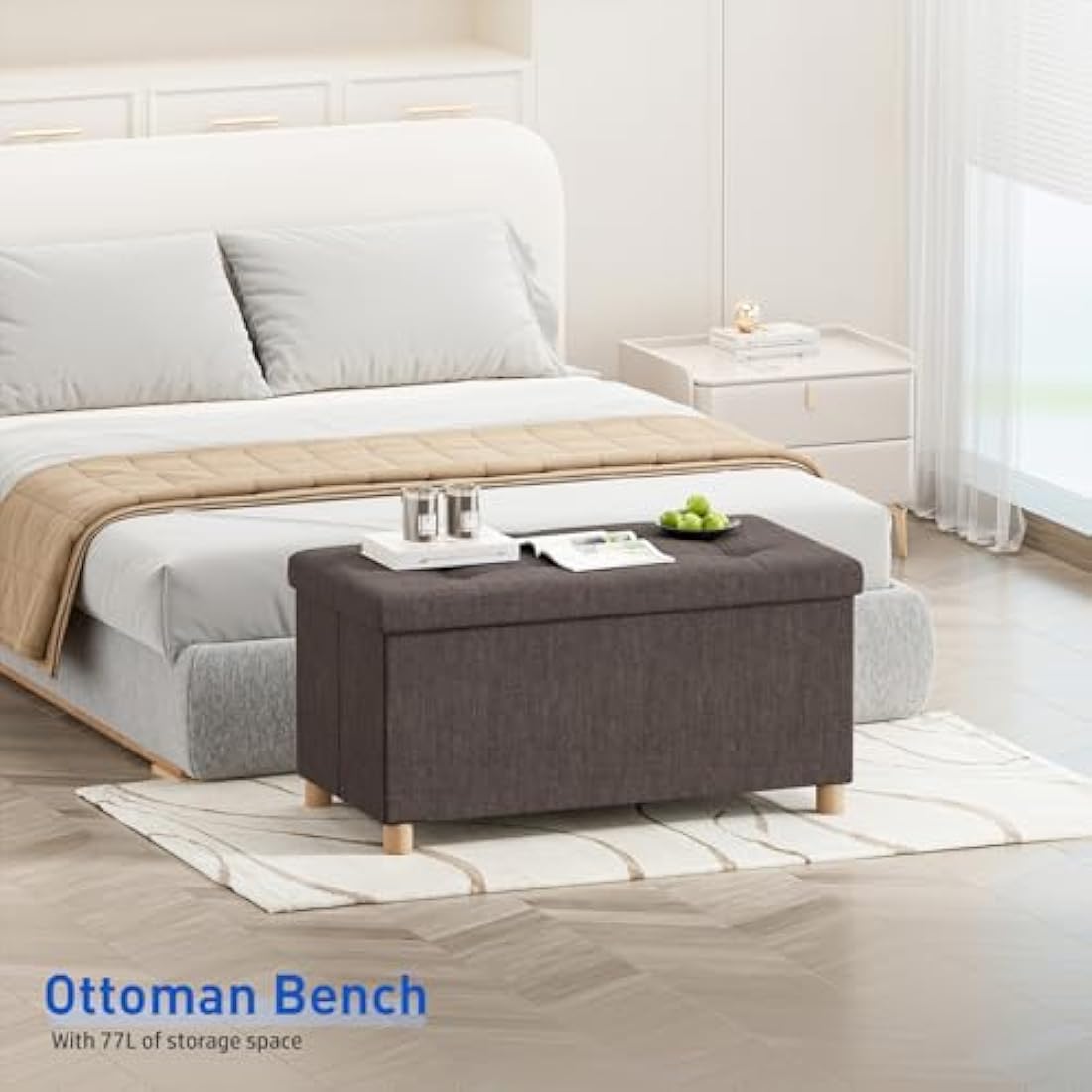 BRIAN & DANY Linen Storage Ottoman – Foldable Bench with Wood Legs