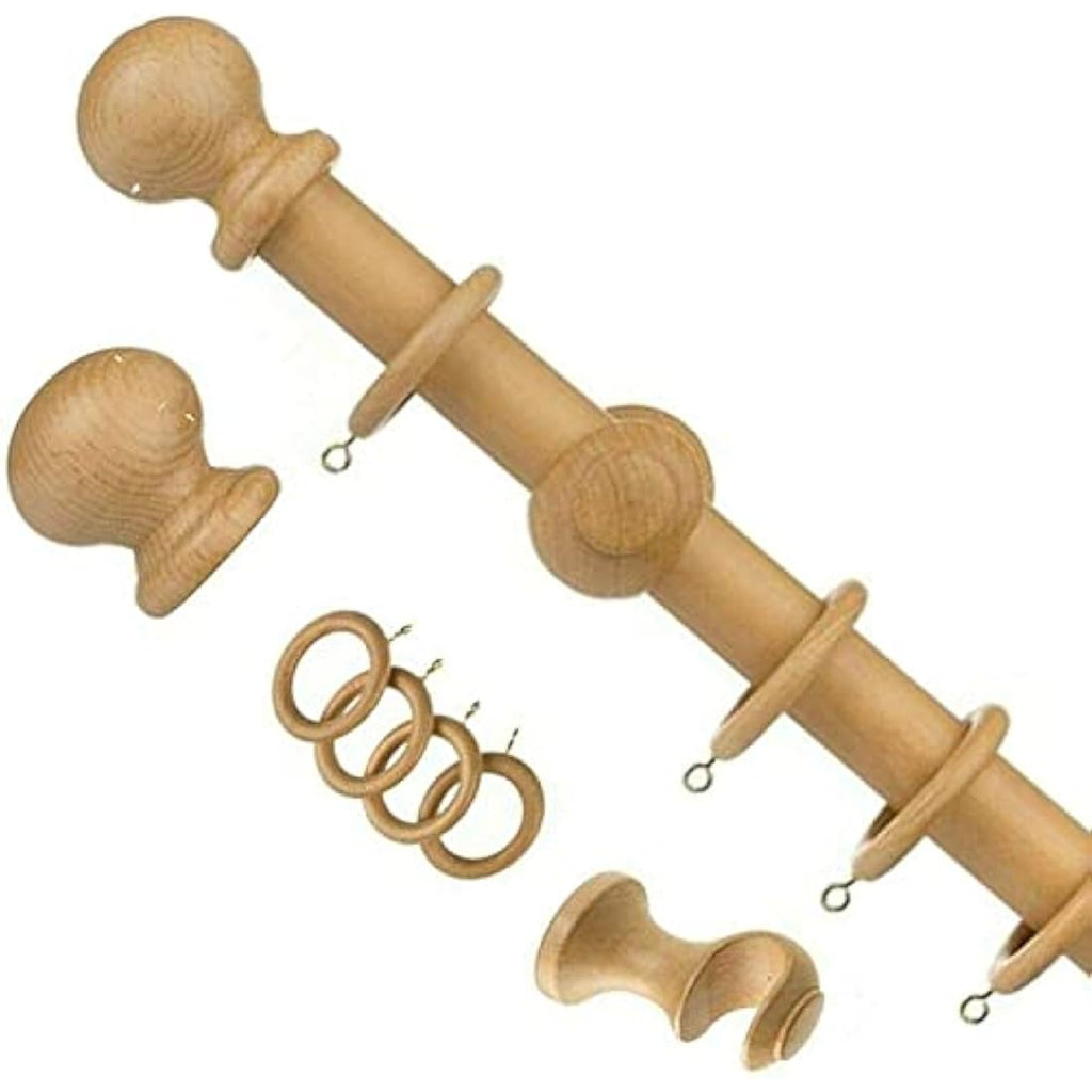 Wooden Curtain Rail Pole Set – Beechwood Rod, 120cm