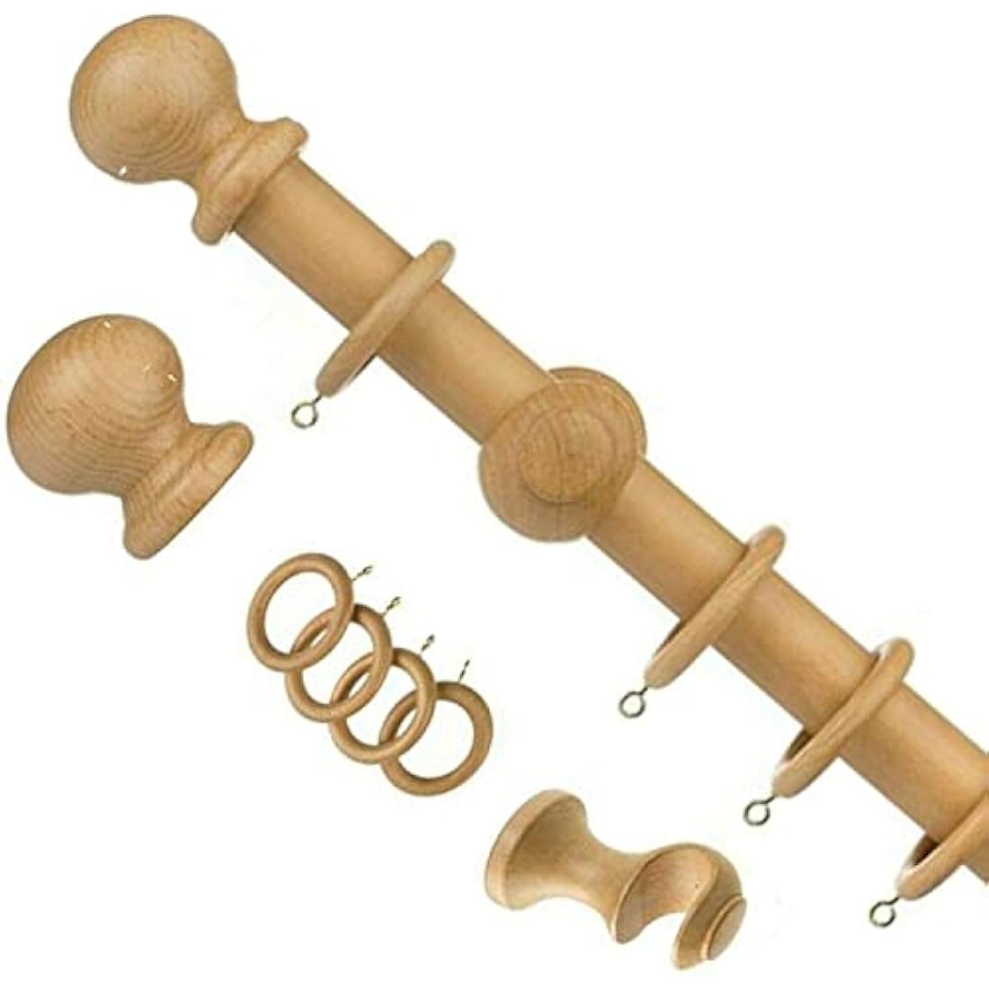 Wooden Curtain Rail Pole Set – Beechwood Rod, 120cm