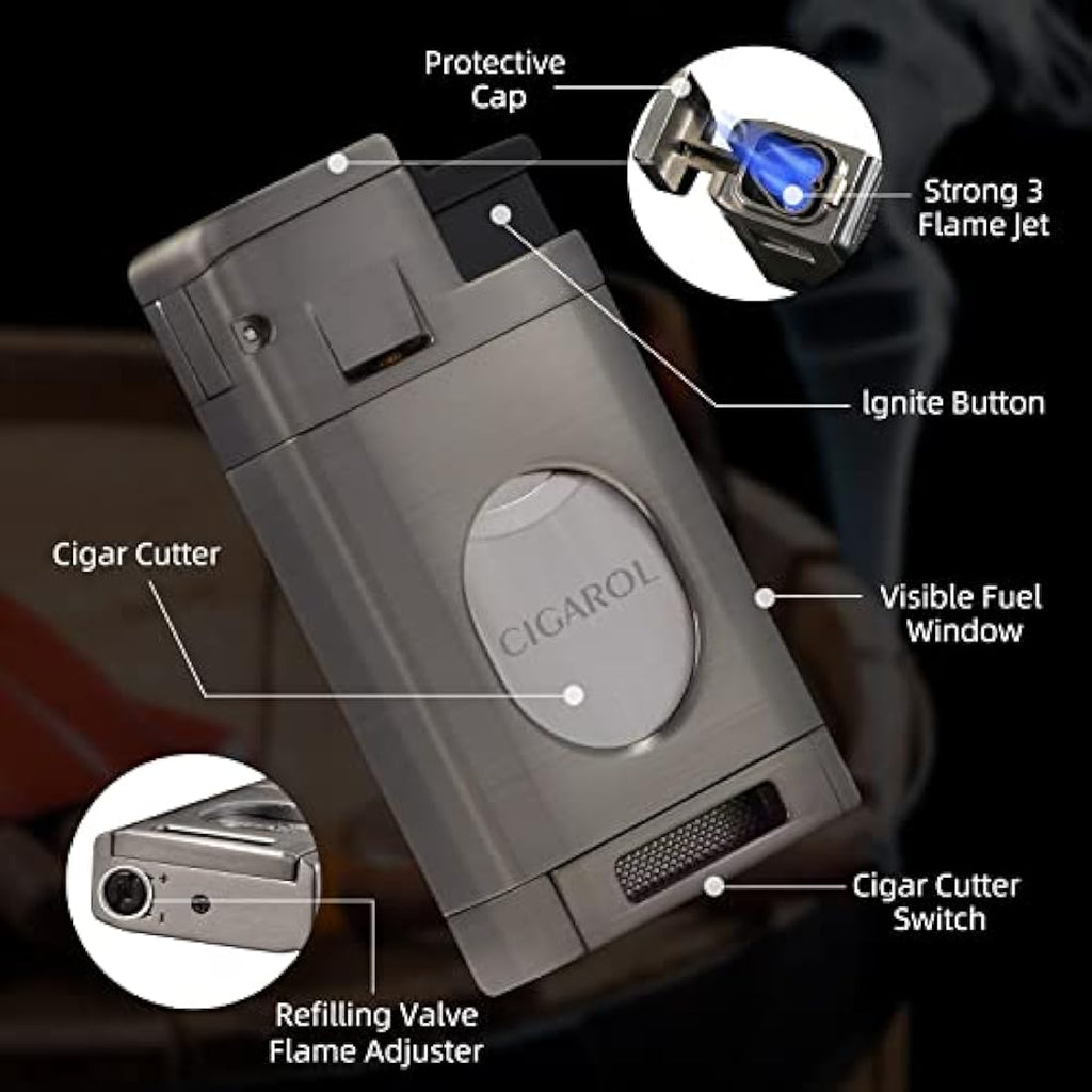 6-Finger Leather Cigar Travel Humidor with Lighter & Cedar Wood