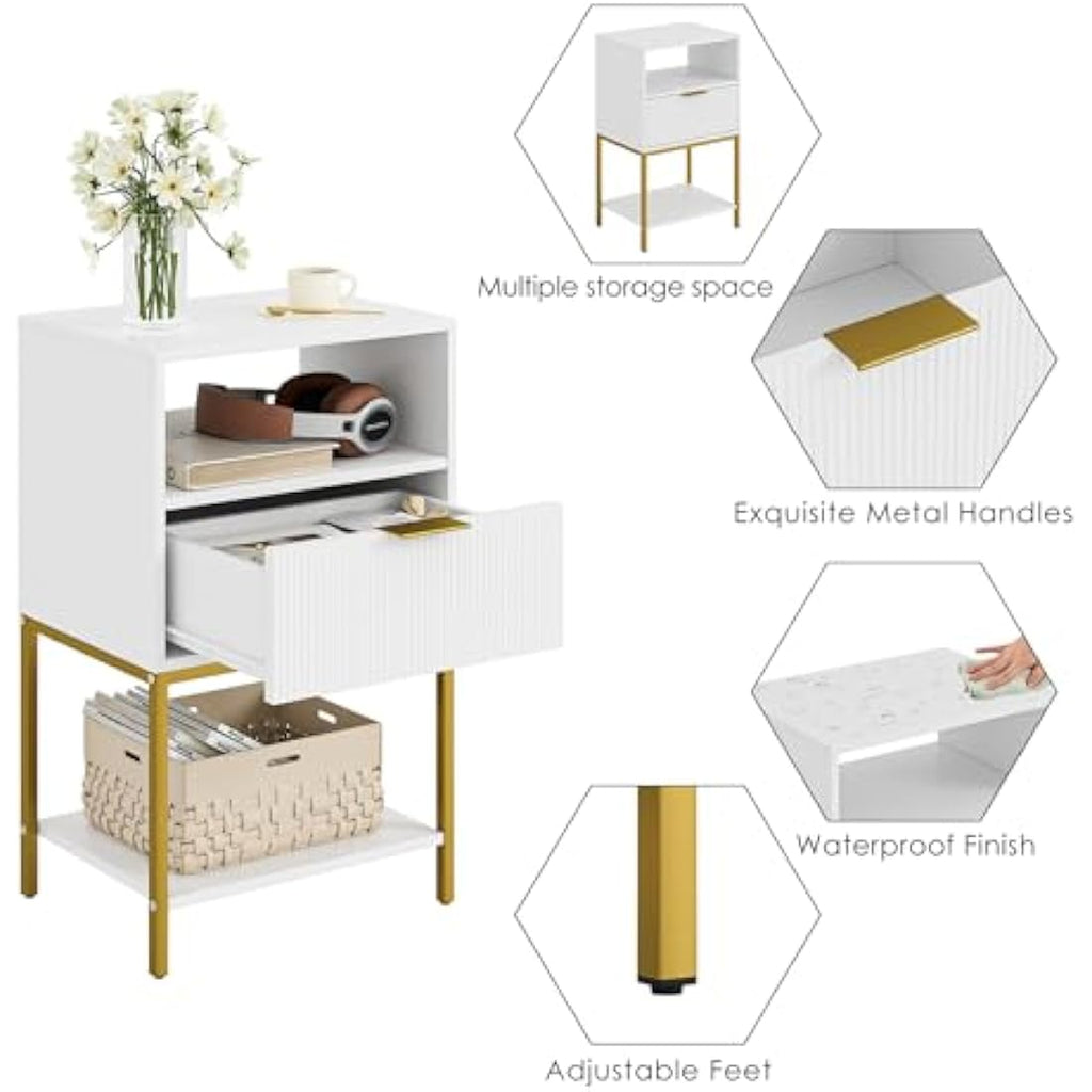 HEYZOEY White Fluted Nightstand – Tall Bedside Table with Gold Frame