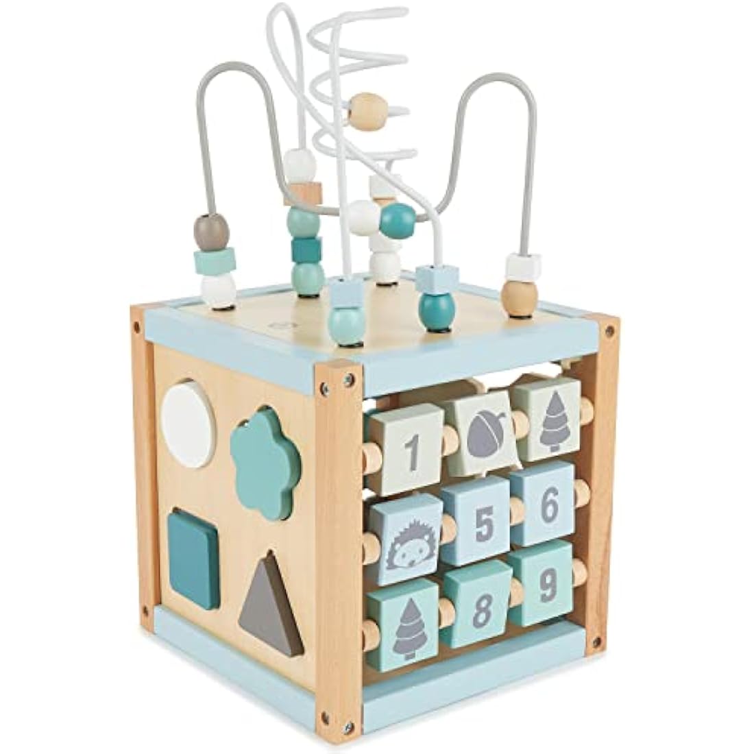 Bieco Wooden Motor Skills Activity Cube – Scandi-Chic Baby Toy from 1 Year