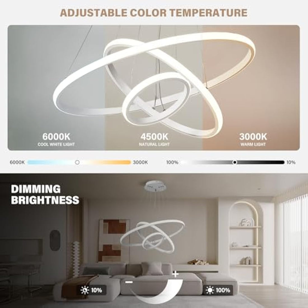 KAUCQI 3-Ring LED Chandelier | Dimmable Modern Pendant Light for Kitchen