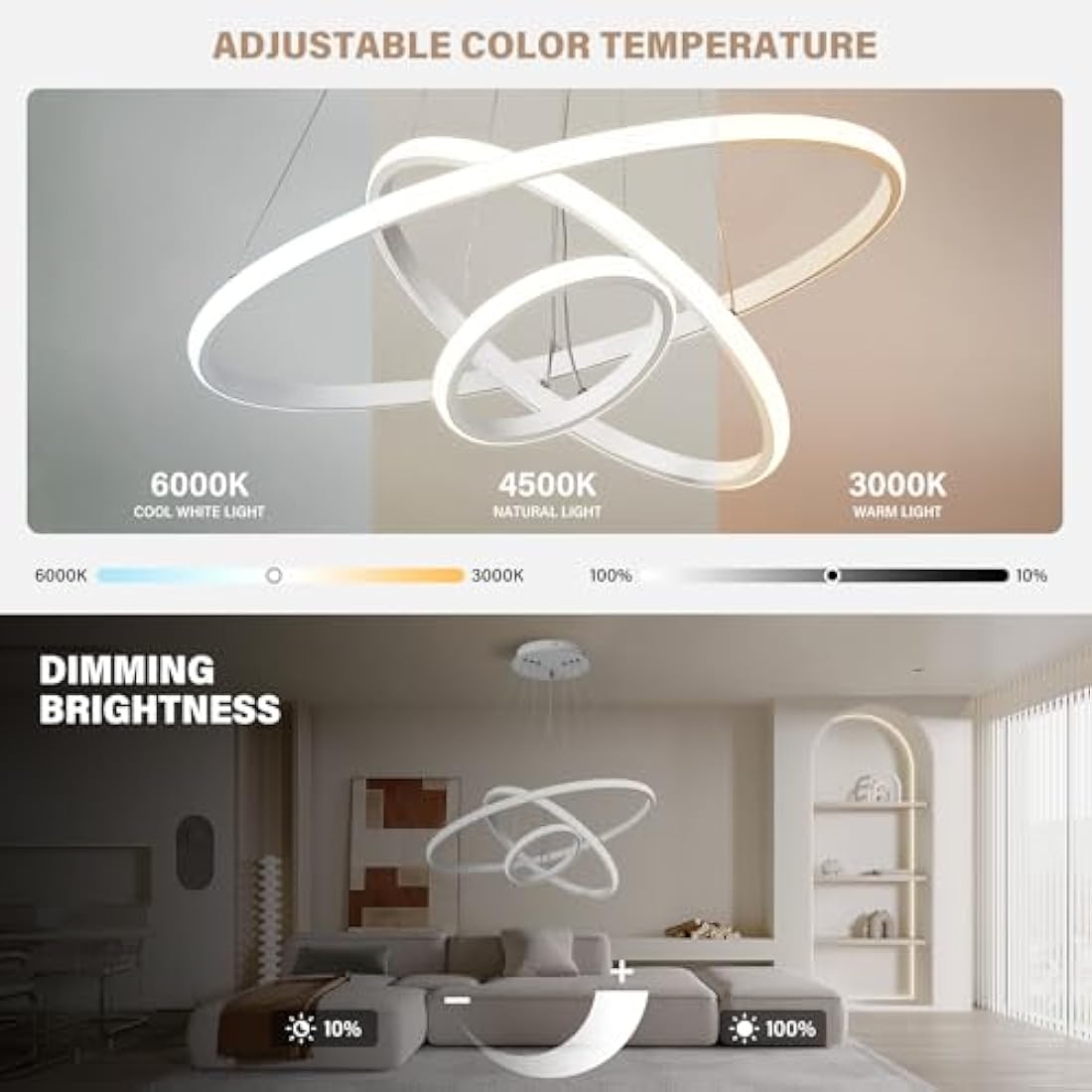 KAUCQI 3-Ring LED Chandelier | Dimmable Modern Pendant Light for Kitchen