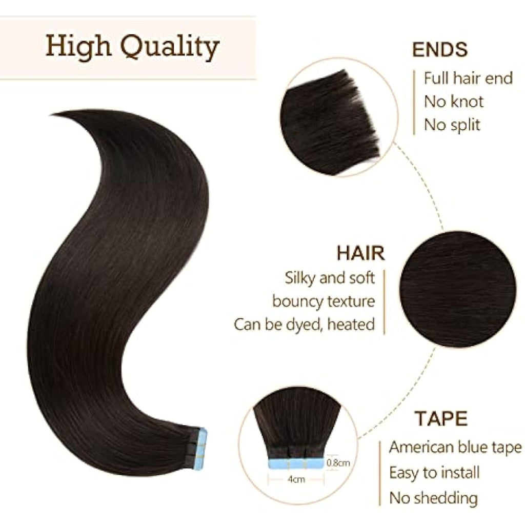 AGMITY Tape in Hair Extensions – 16 Inch Remy Human Hair #1B Black