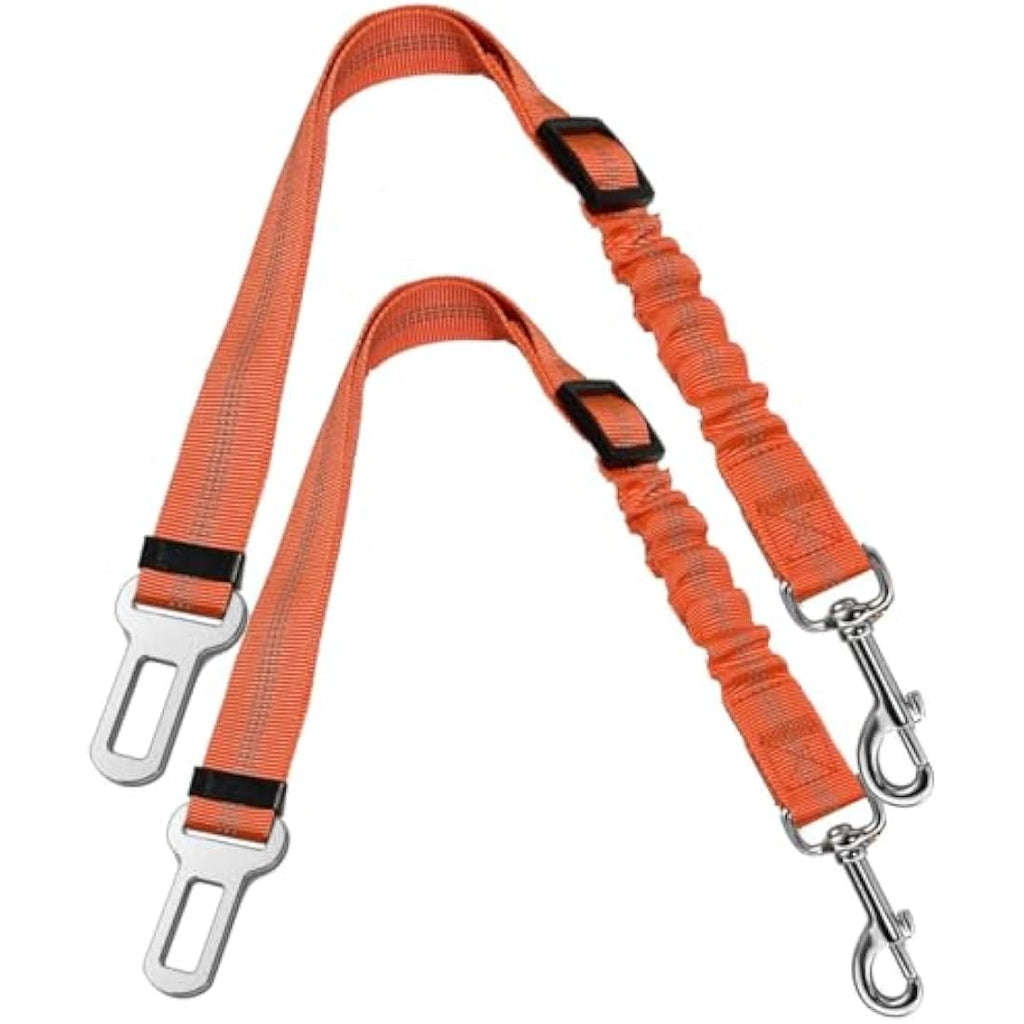 Dog Car Seat Belt – Adjustable Nylon Bungee Buffer, Orange, 2 Pack