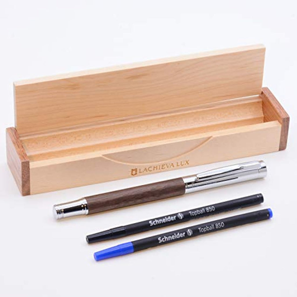 LACHIEVA LUX Walnut Wood Rollerball Pen Set with Wooden Gift Box