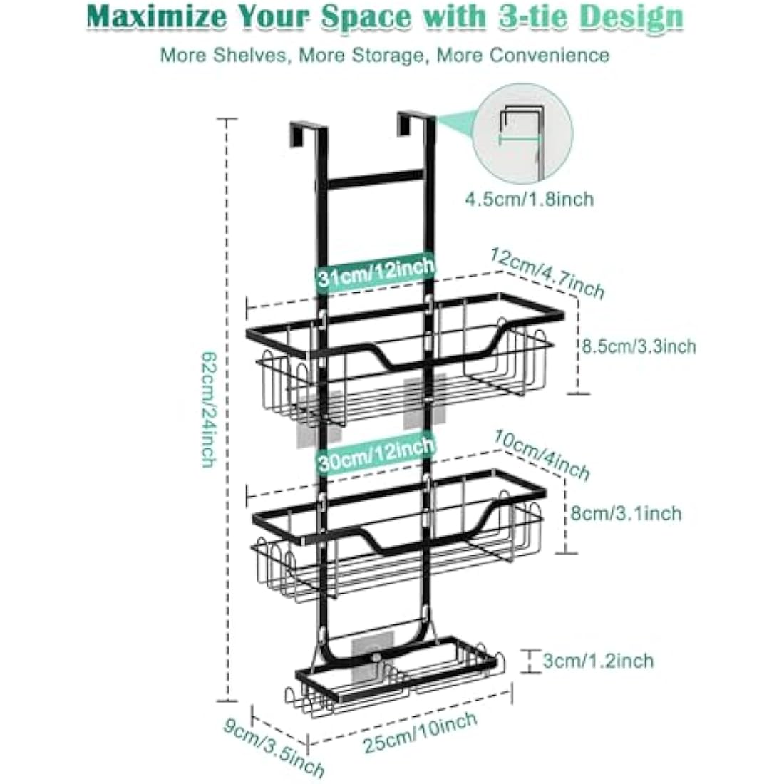 3-Tier Over Door Shower Caddy – Black Stainless Steel Rack