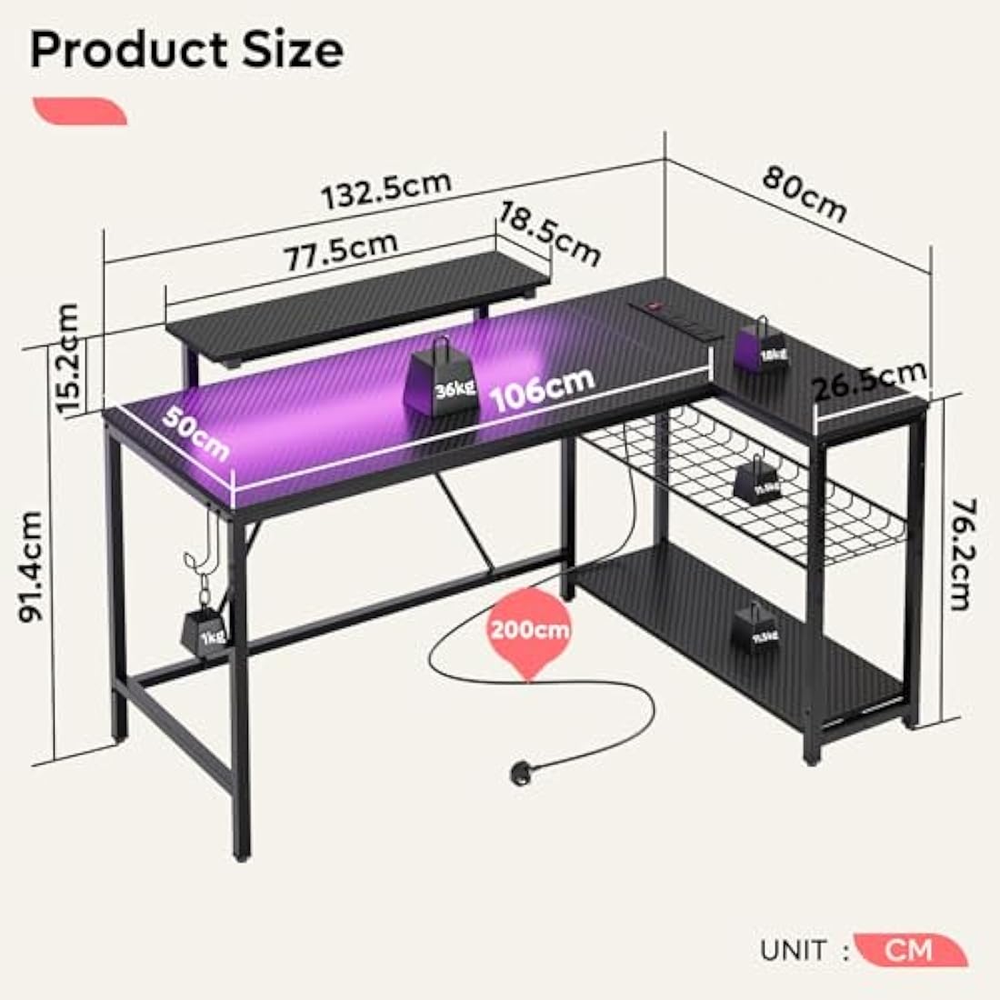 L-Shaped Gaming Desk – Carbon Fiber Workstation with LED & USB