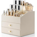 Vlando Faux Leather Makeup Organiser | 2-Drawer Cosmetic Storage, Beige