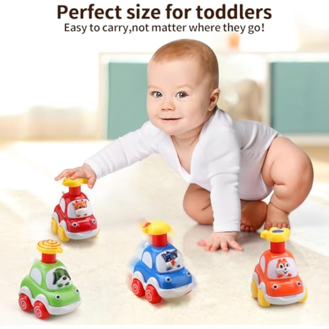 AmyBenton Press & Go Baby Toy Cars – 4-Pack Animal Toddler Cars Age 1–3