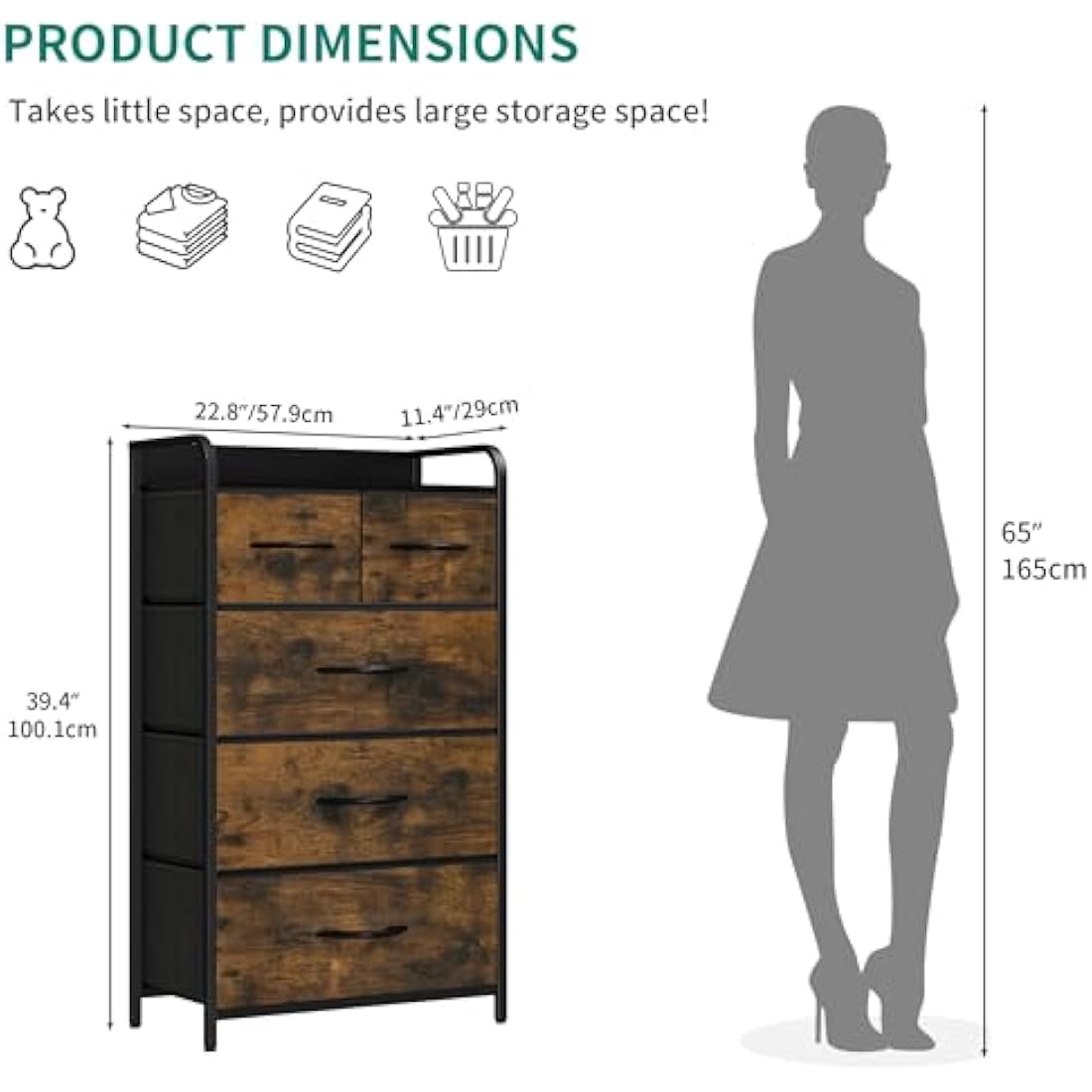 YITAHOME 5-Drawer Fabric Dresser – Rustic Brown Storage Chest with Metal Frame