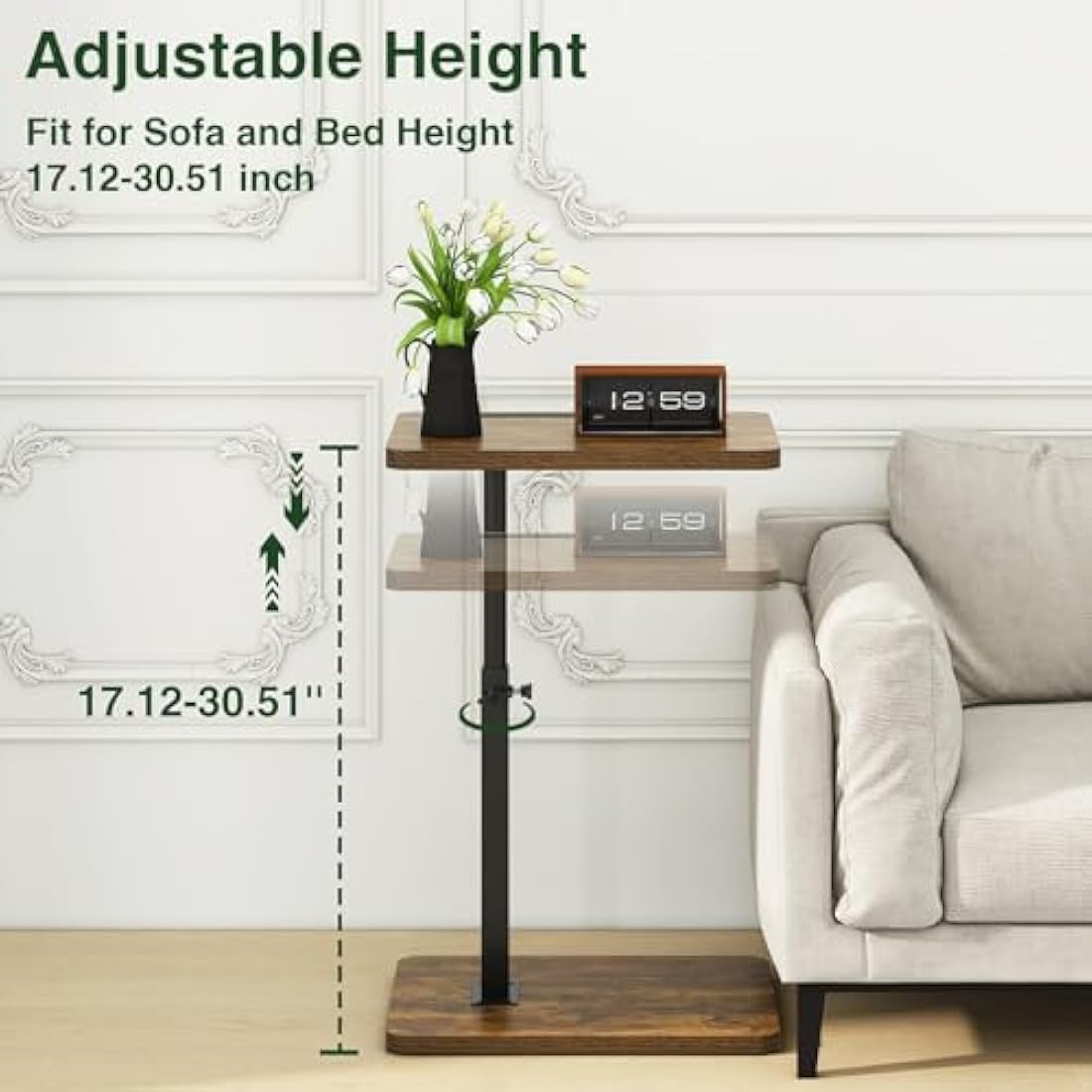 IBUYKE C Shaped Side Table – Swivel Height Adjustable End Table, Retro Brown