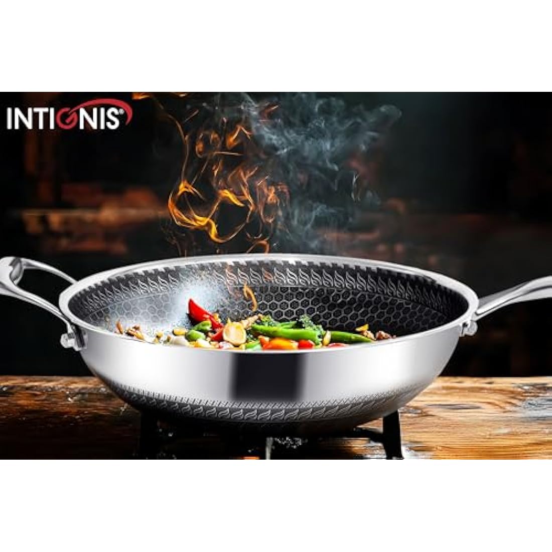 INTIGNIS 28cm Stainless Steel Wok with Lid – Non-Stick Induction Pan