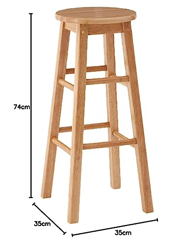 Jolof Store Tall Wooden Bar Stool – Natural Hevea Wood Kitchen Seat 74cm