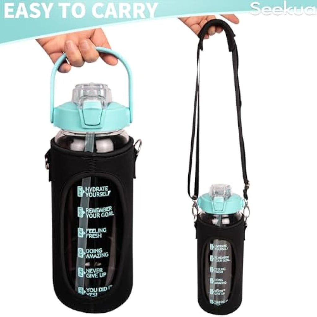 Seekua 2L Glass Water Bottle with Straw - Motivational Gym Bottle