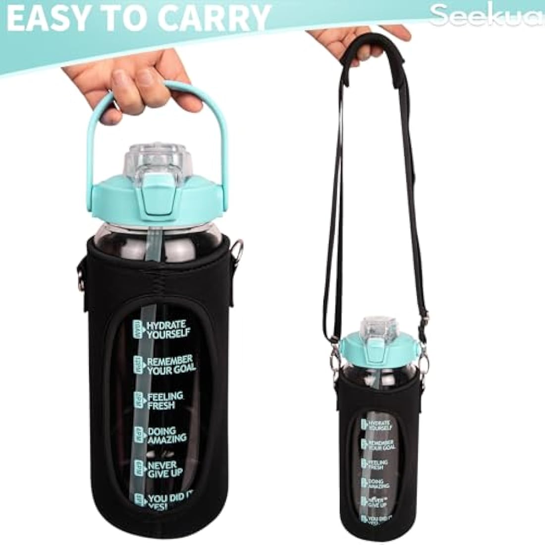 Seekua 2L Glass Water Bottle with Straw - Motivational Gym Bottle