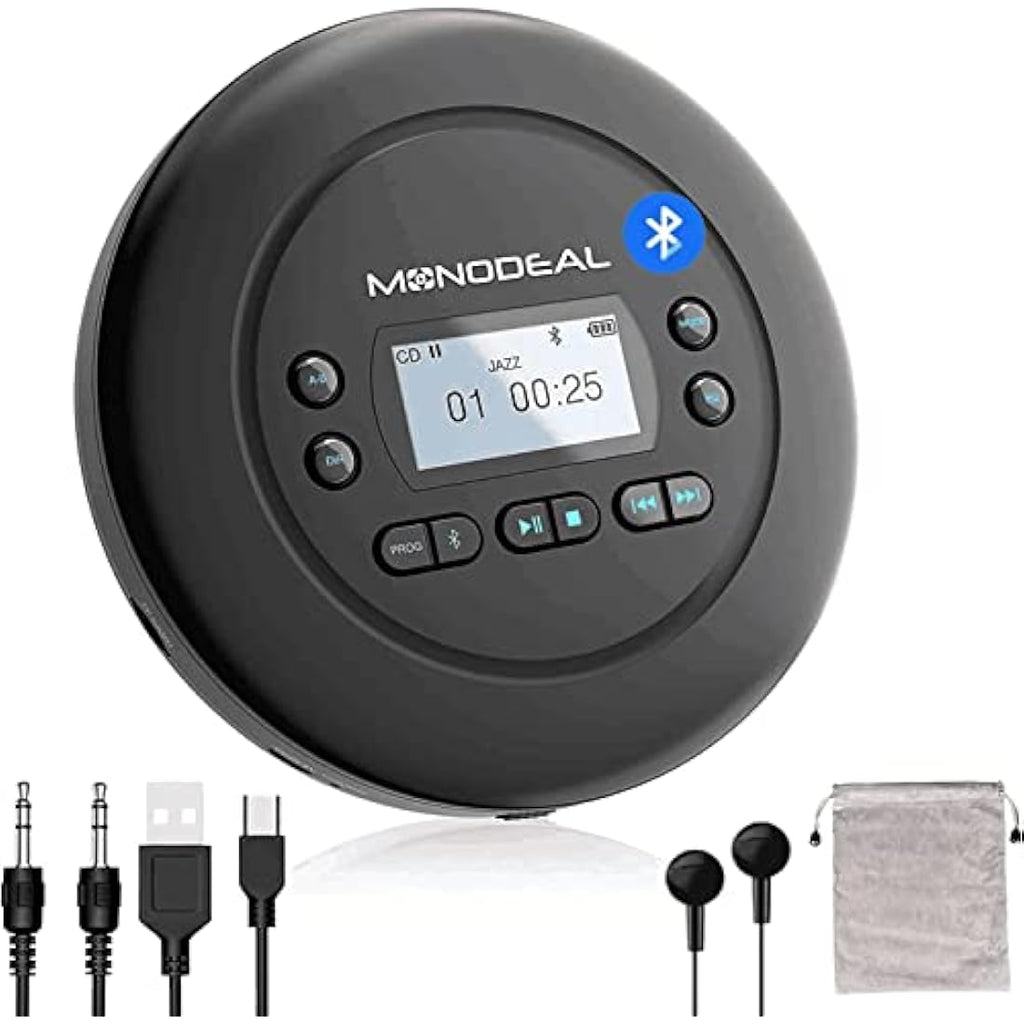 MONODEAL Portable Bluetooth CD Player – Rechargeable with Anti-Skip