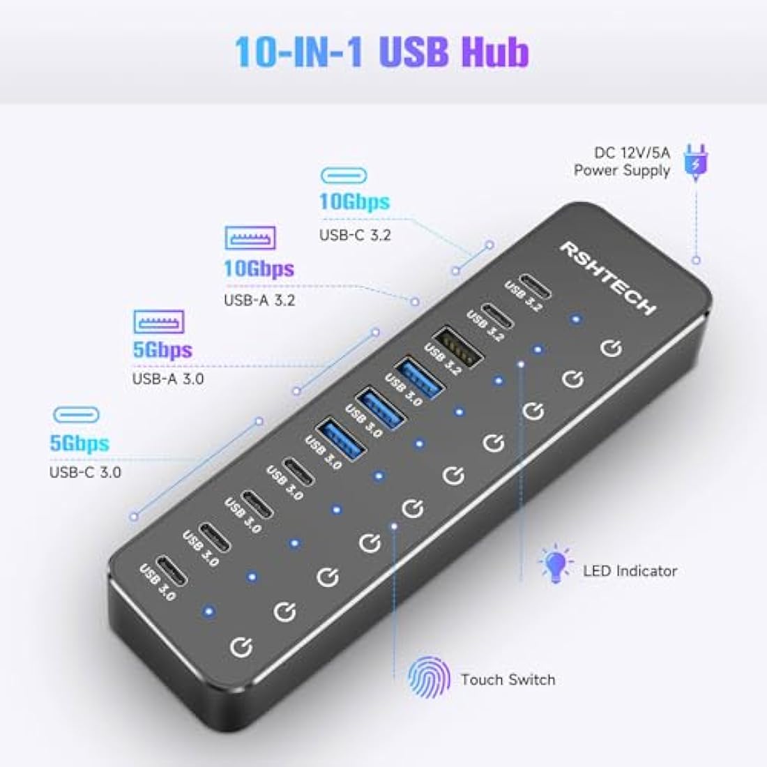 RSHTECH 10-Port Powered USB C Hub | 60W Adapter | 10Gbps USB 3.2 Gen2
