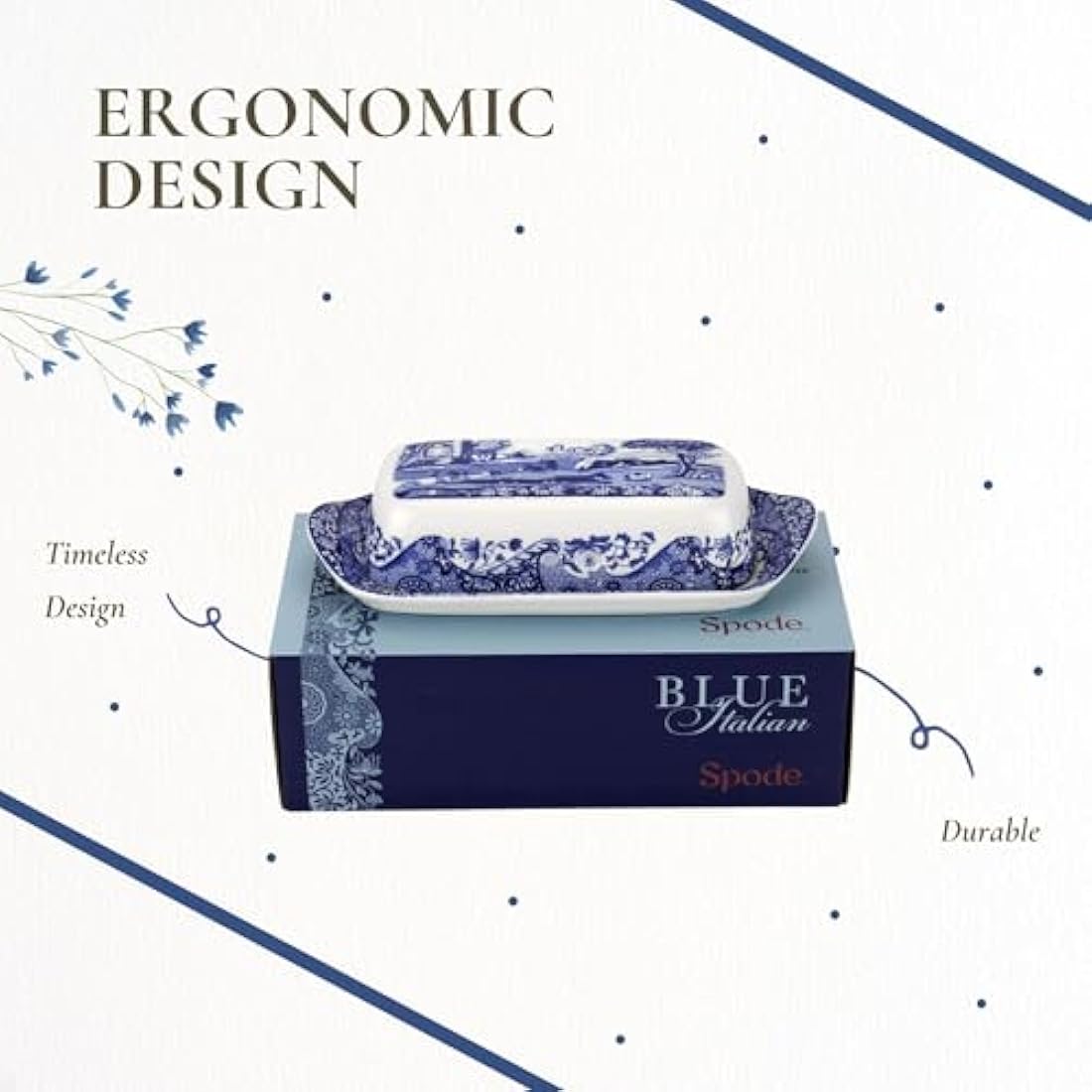 Spode Blue Italian Ceramic Covered Butter Dish - Fine China Tableware
