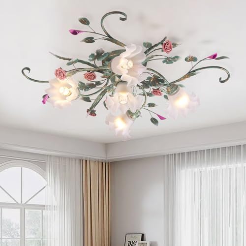 Vintage Floral Ceiling Light – Pink Ceramic Rose Chandelier