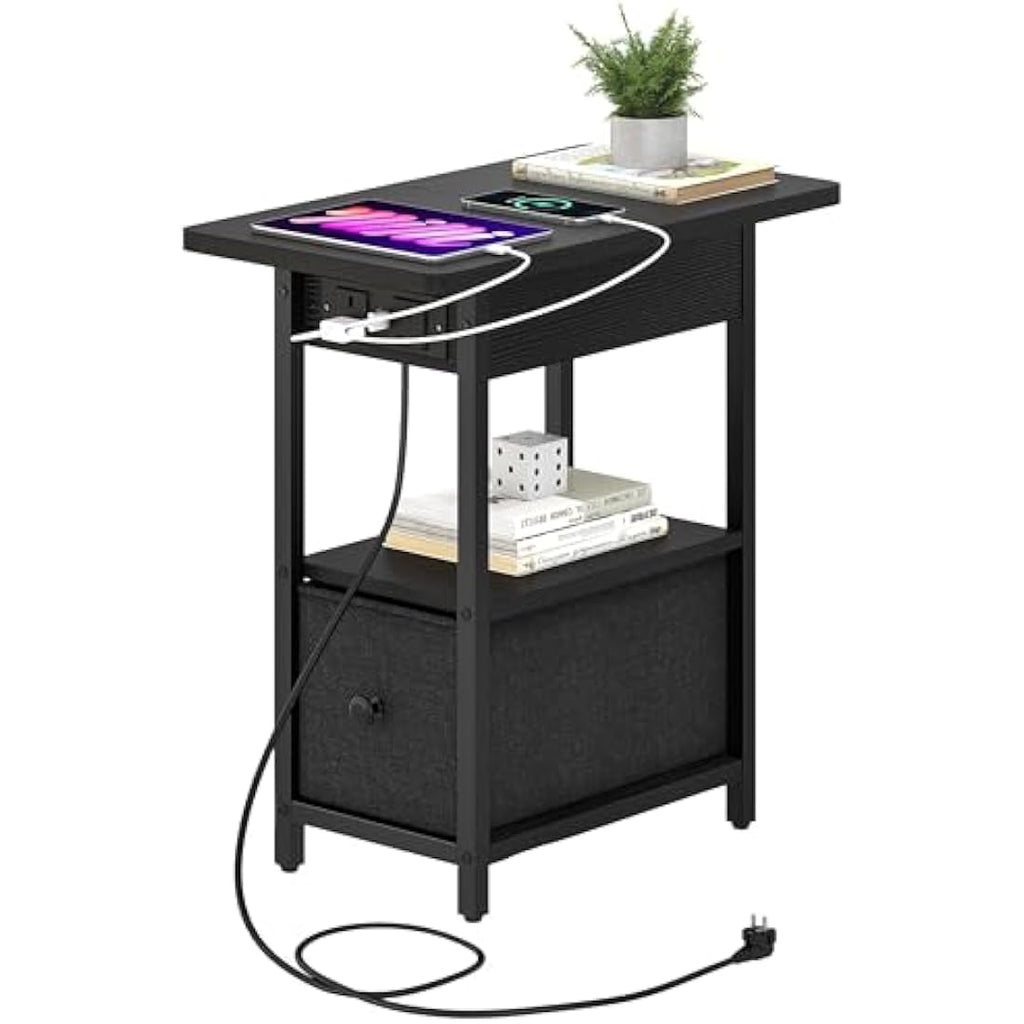 Jolof Store Narrow Side Table with Charging Station – Black Slim End Table