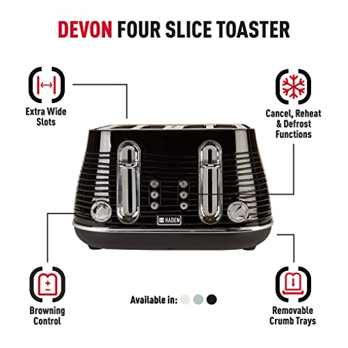 Haden Devon 4-Slice Toaster | Black Stainless Steel with Wide Slots