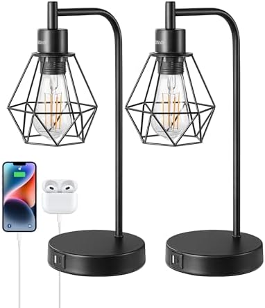 EDISHINE Industrial Touch Bedside Lamps Set of 2 with USB Ports