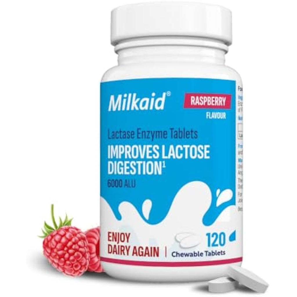Milkaid Lactase Enzyme Chewable Tablets - Raspberry Flavor - 120 Count