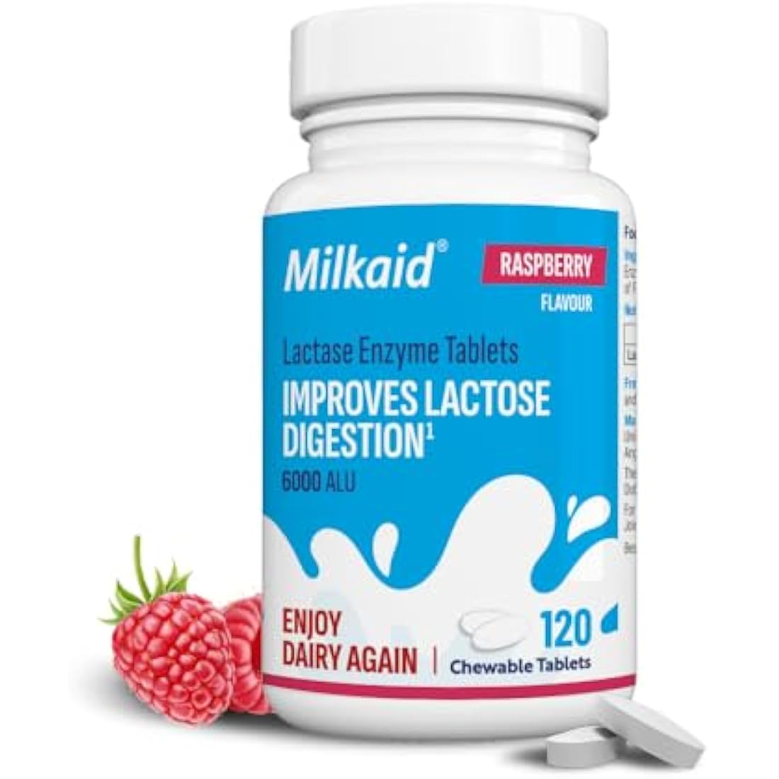 Milkaid Lactase Enzyme Chewable Tablets - Raspberry Flavor - 120 Count