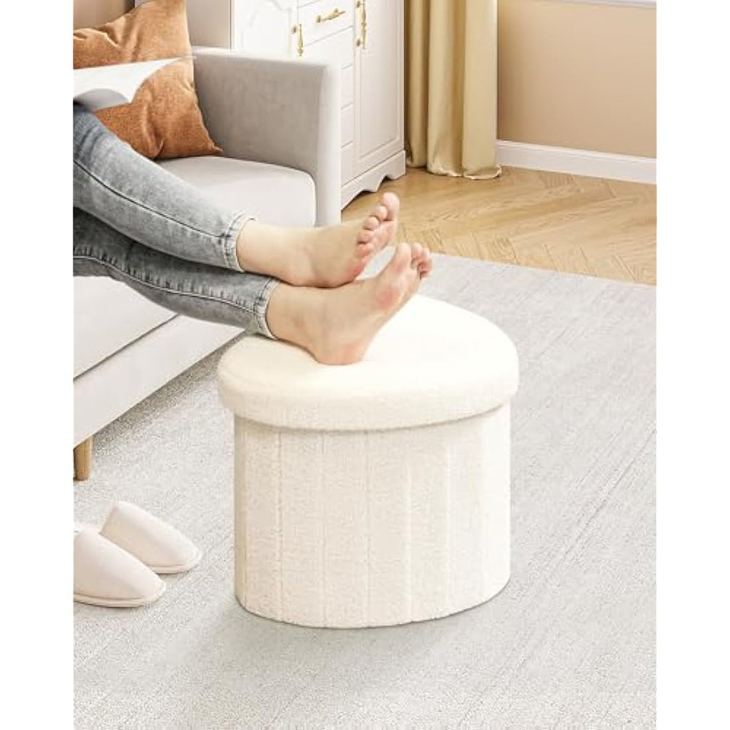 White Boucle Storage Ottoman – Foldable Heart Footstool