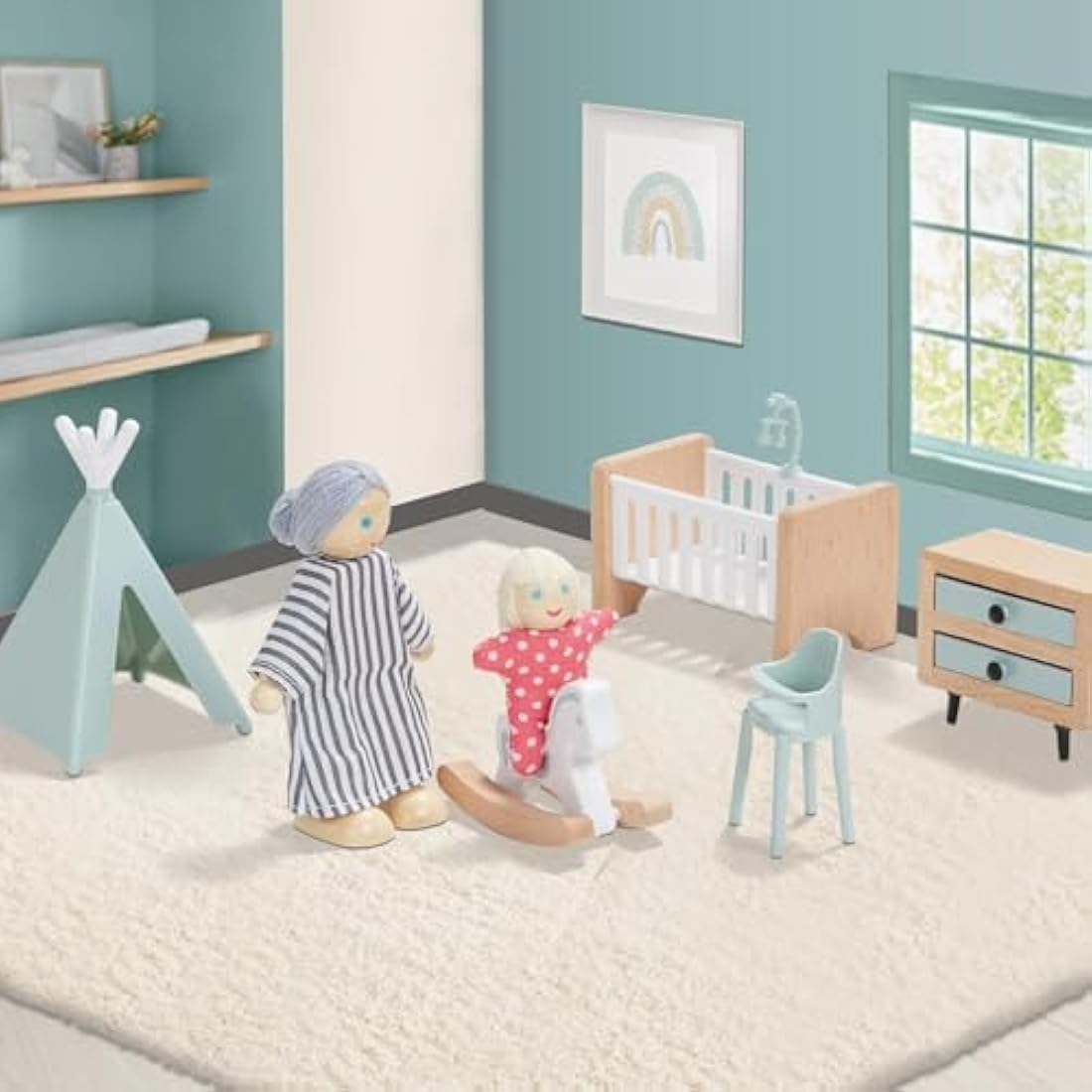 Giant Bean Wooden Dollhouse Furniture Set | 36pcs with 4 Family Dolls