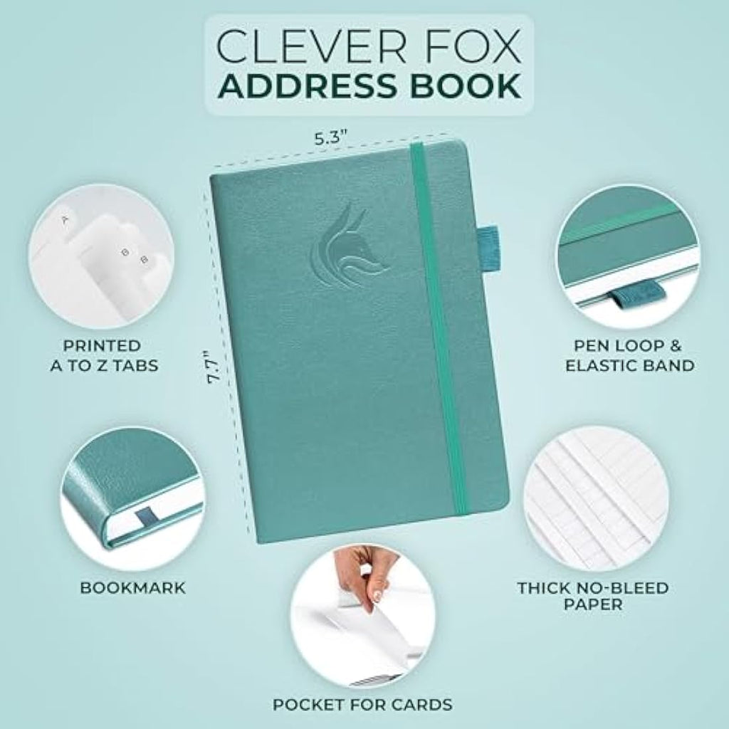 Clever Fox Address Book with Tabs – Aquamarine PU Leather Contact Organizer