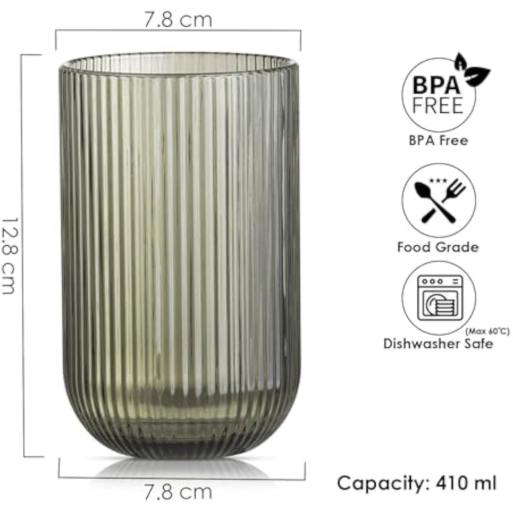 TKNO Ribbed Highball Glasses - 410ml Origami Style Fluted Tumblers, Set of 6