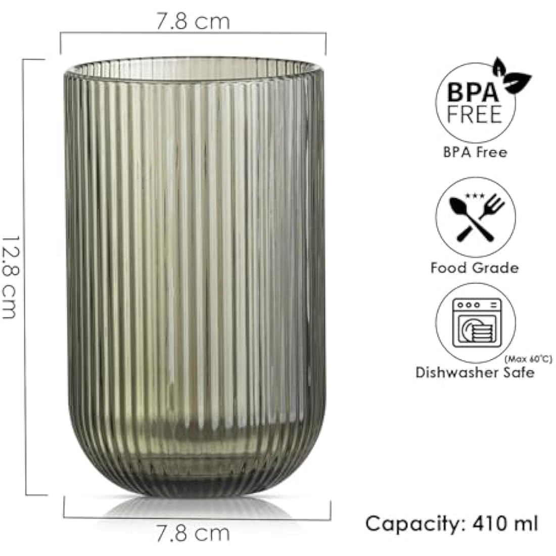 TKNO Ribbed Highball Glasses - 410ml Origami Style Fluted Tumblers, Set of 6