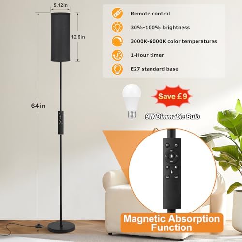Aooshine Dimmable Floor Lamp – Black Standing Lamp with Remote Control