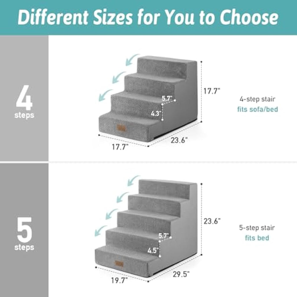 COZY KISS 5-Tier Wide Foam Dog Stairs for High Beds – Non-Slip Grey