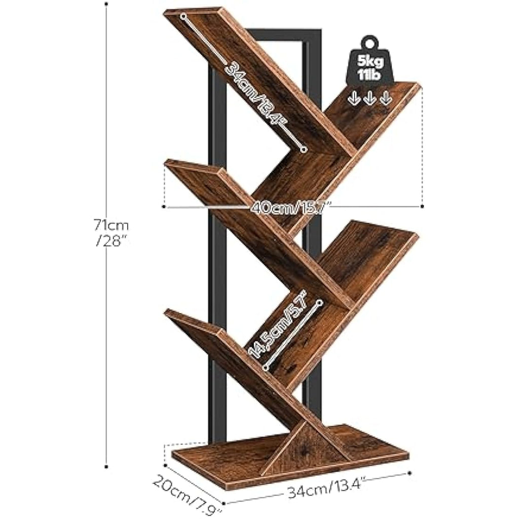 HOOBRO 4-Tier Tree Bookshelf – Rustic Brown Small Desktop Bookcase