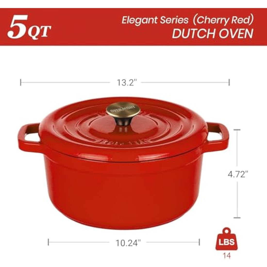 Overmont 5L Enameled Cast Iron Dutch Oven – 26cm Red Pot with Lid