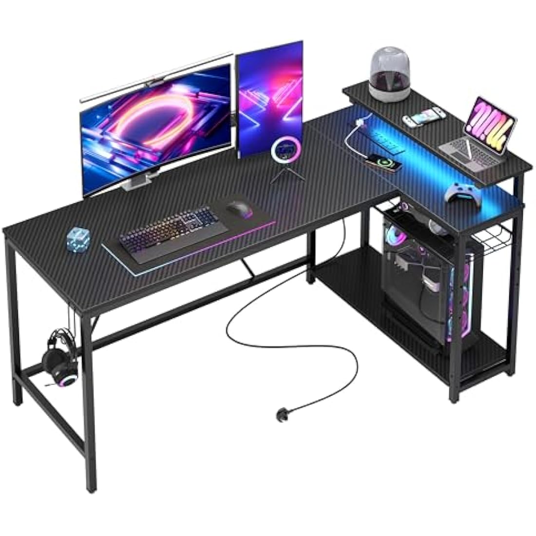 Jolof Store L-Shaped Gaming Desk with RGB Lights and Power Outlets