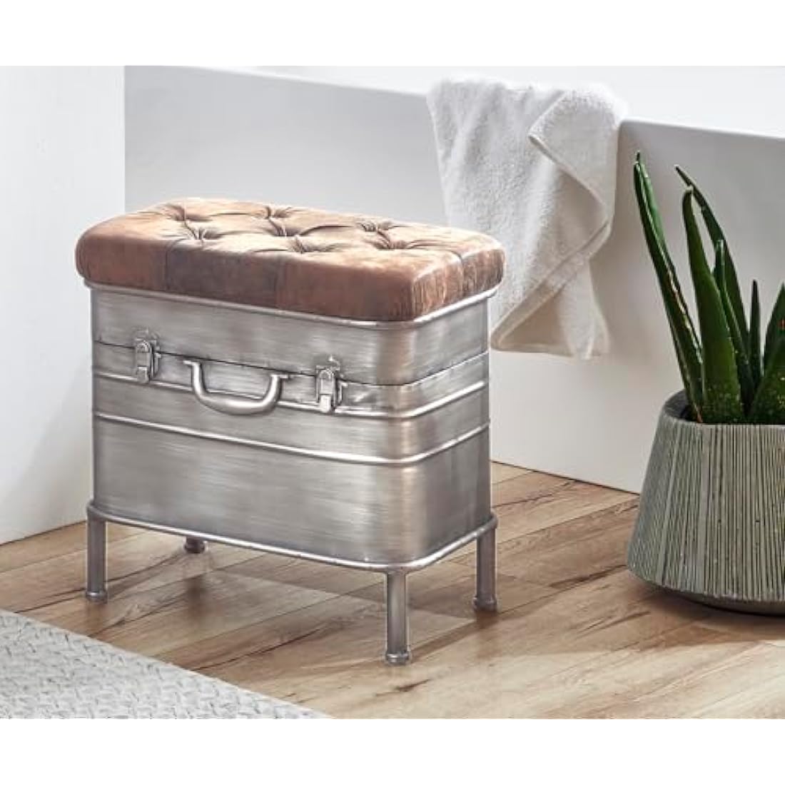 HAKU Möbel Industrial Bench – Brown Faux Leather & Metal Foldable Seat