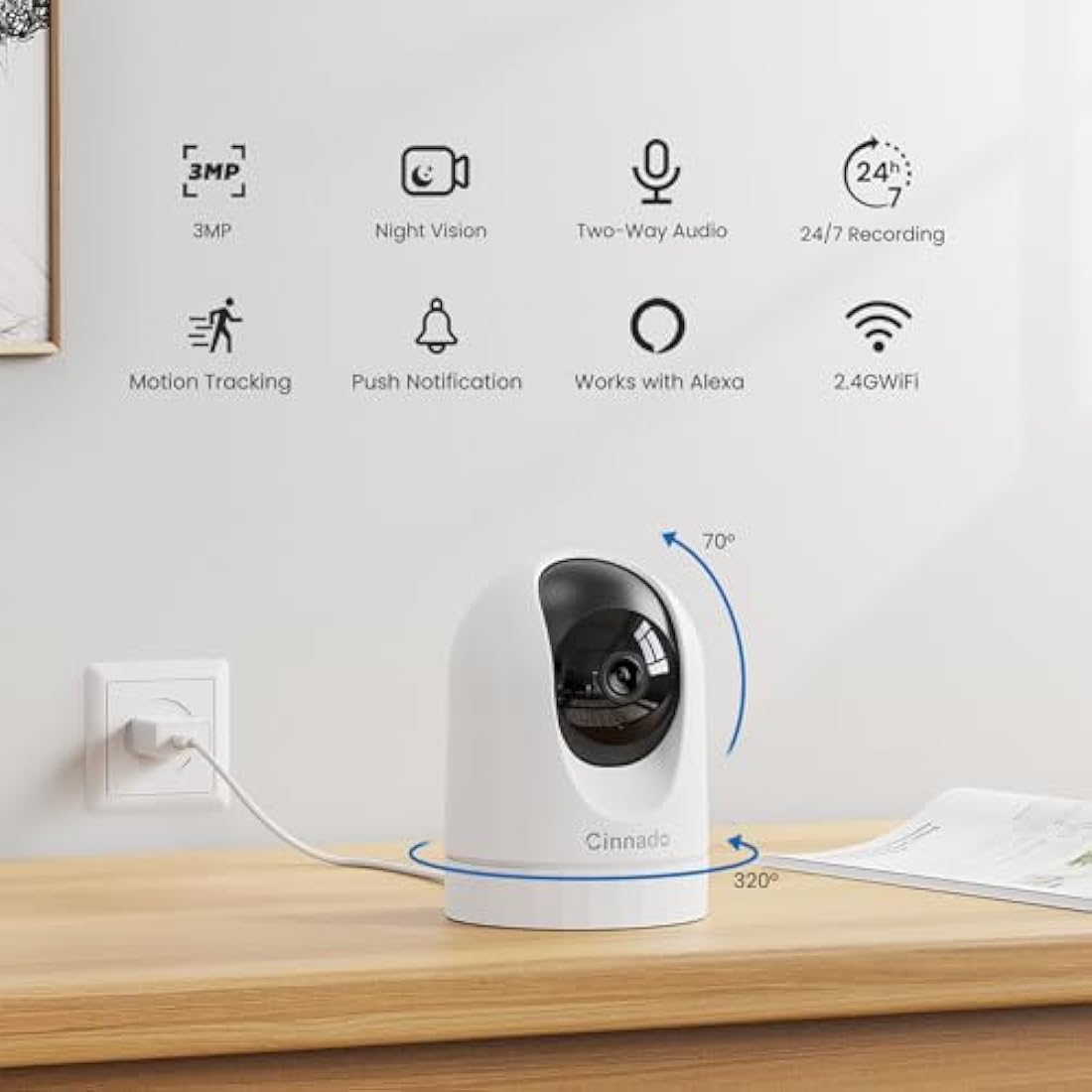 Cinnado 2K Indoor Security Camera - 360° WiFi Baby Monitor, 2 Pack