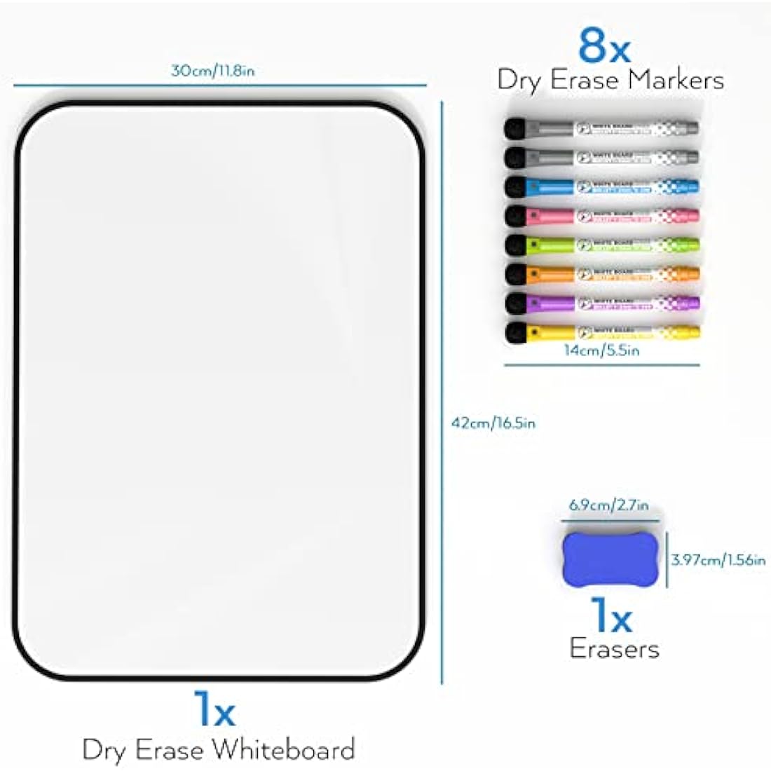 Nicpro Magnetic Dry Erase Whiteboard A3 | Double Sided Board with 8 Pens