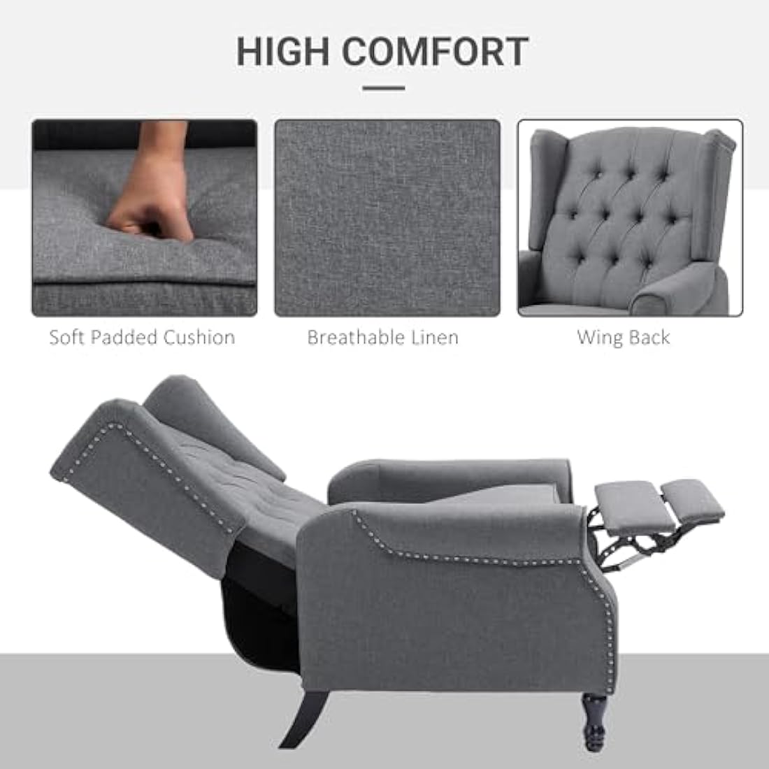 HOMCOM Vintage Wingback Recliner Armchair with Tufted Back - Light Grey