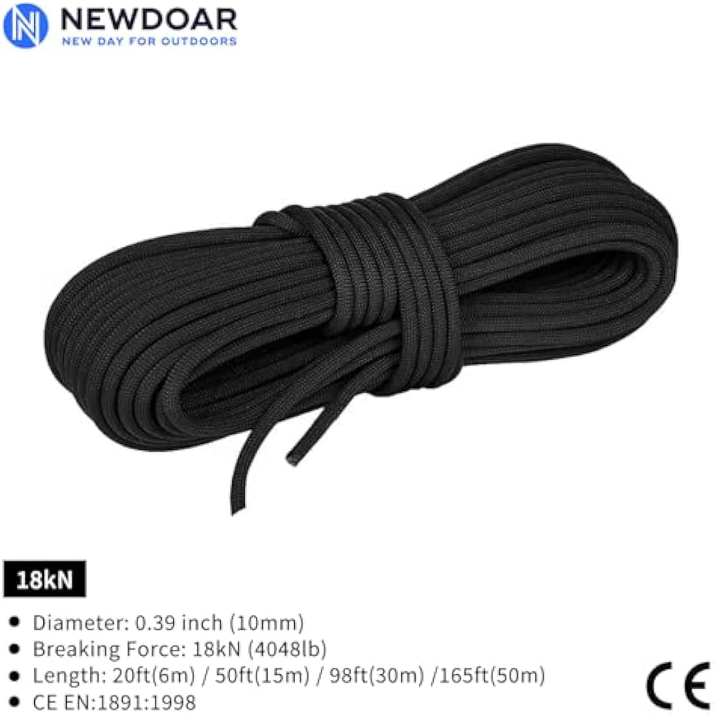 NewDoar 10mm Static Accessory Cord – 18KN High Strength Double Braid Rope