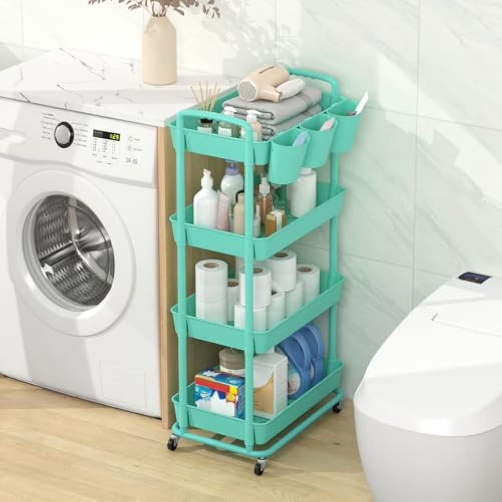 JIUYOTREE 4-Tier Rolling Utility Cart with Hanging Cups & Wheels - Green