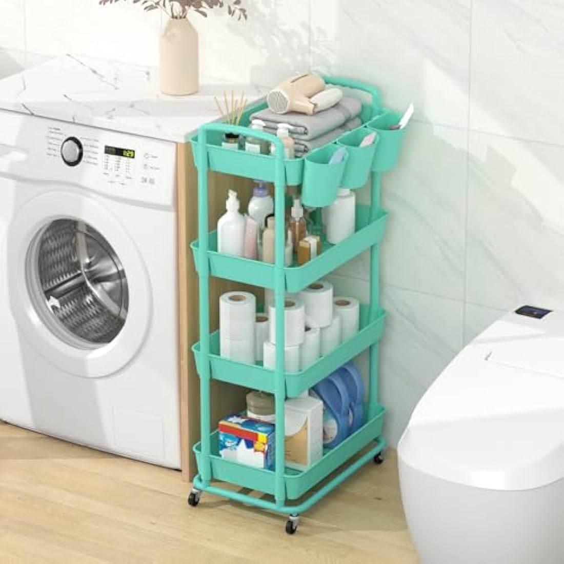 JIUYOTREE 4-Tier Rolling Utility Cart with Hanging Cups & Wheels - Green