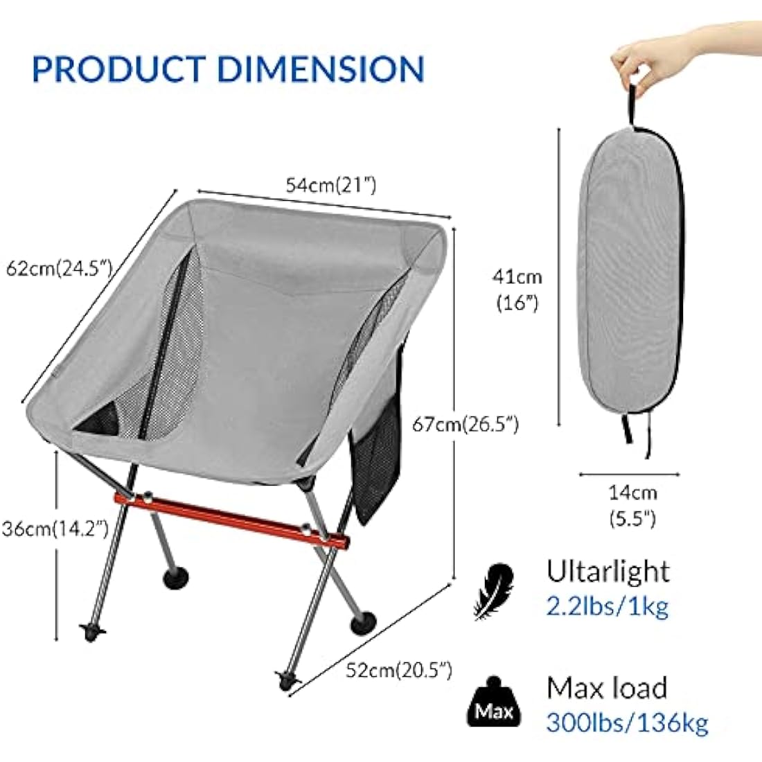 SHALLWE Ultralight Portable Camping Chair | Aluminum Folding Seat - Gray