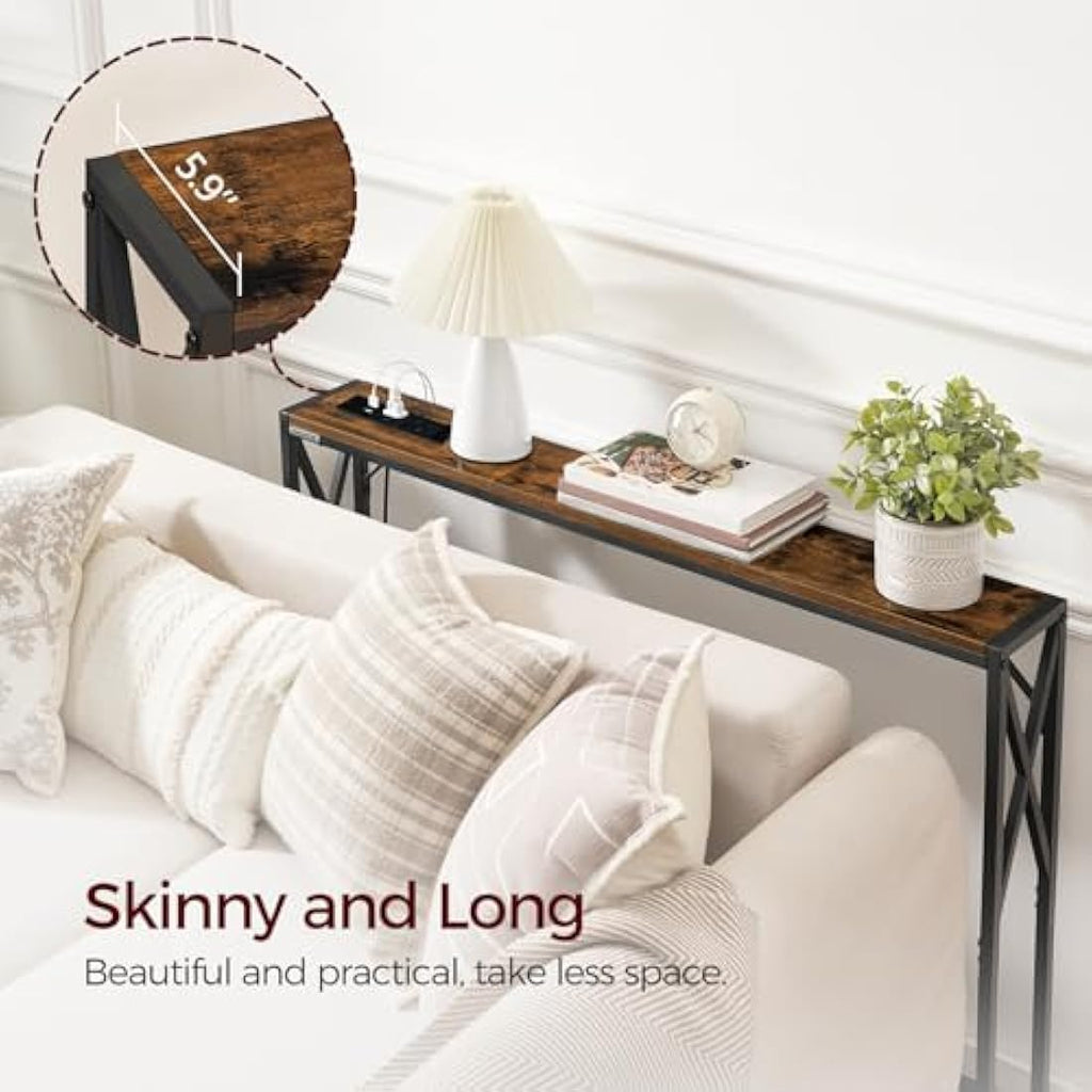 MAHANCRIS 100cm Console Table with Charging Station | Rustic Brown
